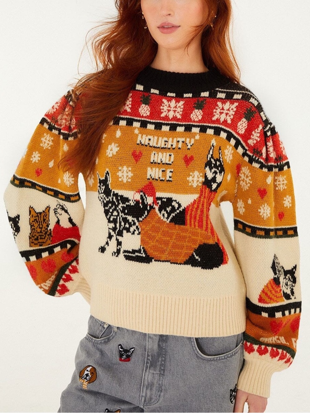FARM RIO naughty and nice puff sleeve knit sweater
